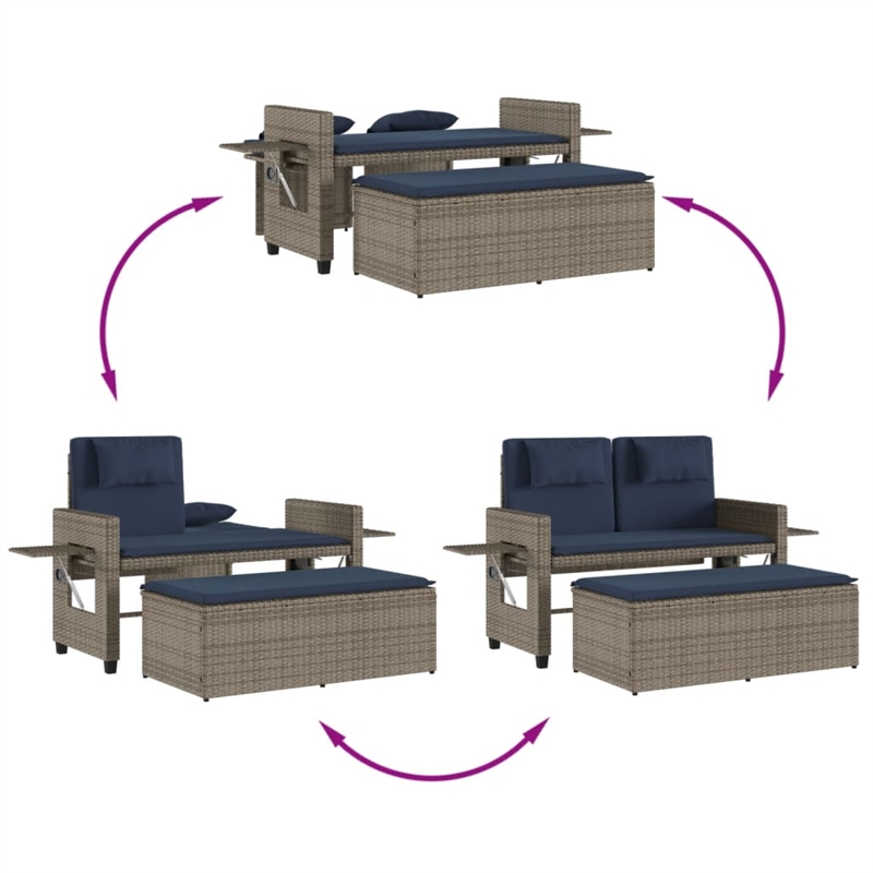 vidaXL Reclining Patio Bench with Cushions Gray Poly Rattan