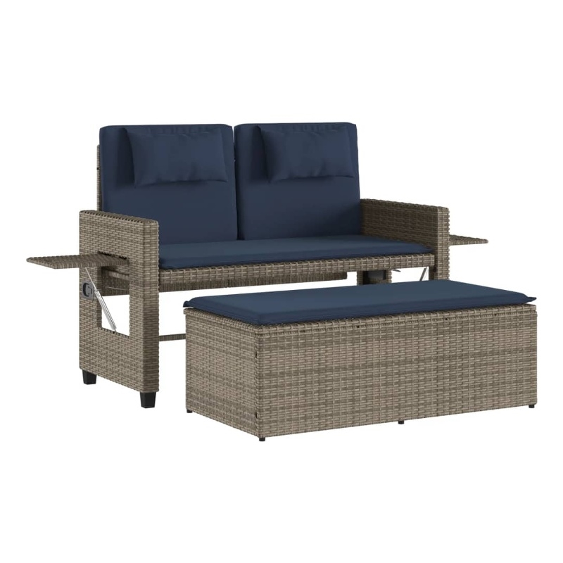 vidaXL Reclining Patio Bench with Cushions Gray Poly Rattan
