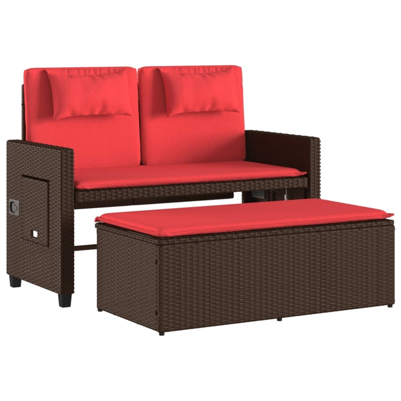vidaXL Reclining Patio Bench with Cushions Brown Poly Rattan