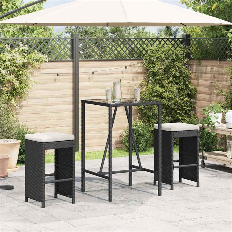 vidaXL Patio Bar Stools with Cushions 2 pcs Black Poly Rattan