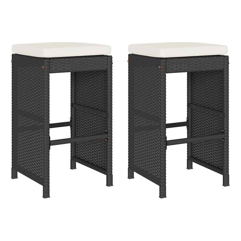 vidaXL Patio Bar Stools with Cushions 2 pcs Black Poly Rattan