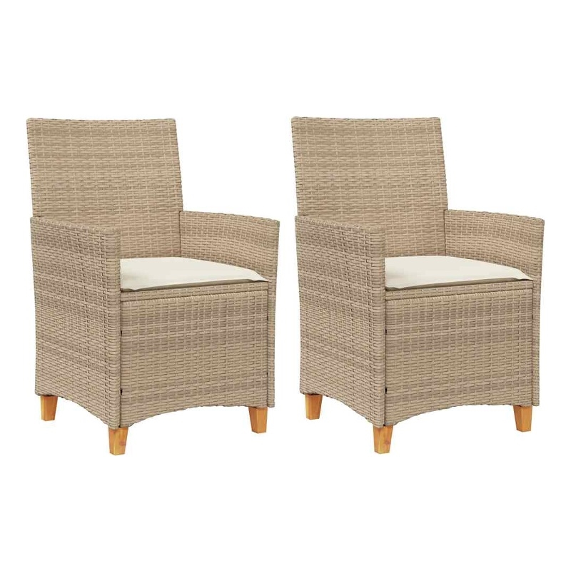 vidaXL Patio Chairs with Cushions 2 pcs Beige Poly Rattan&Solid Wood