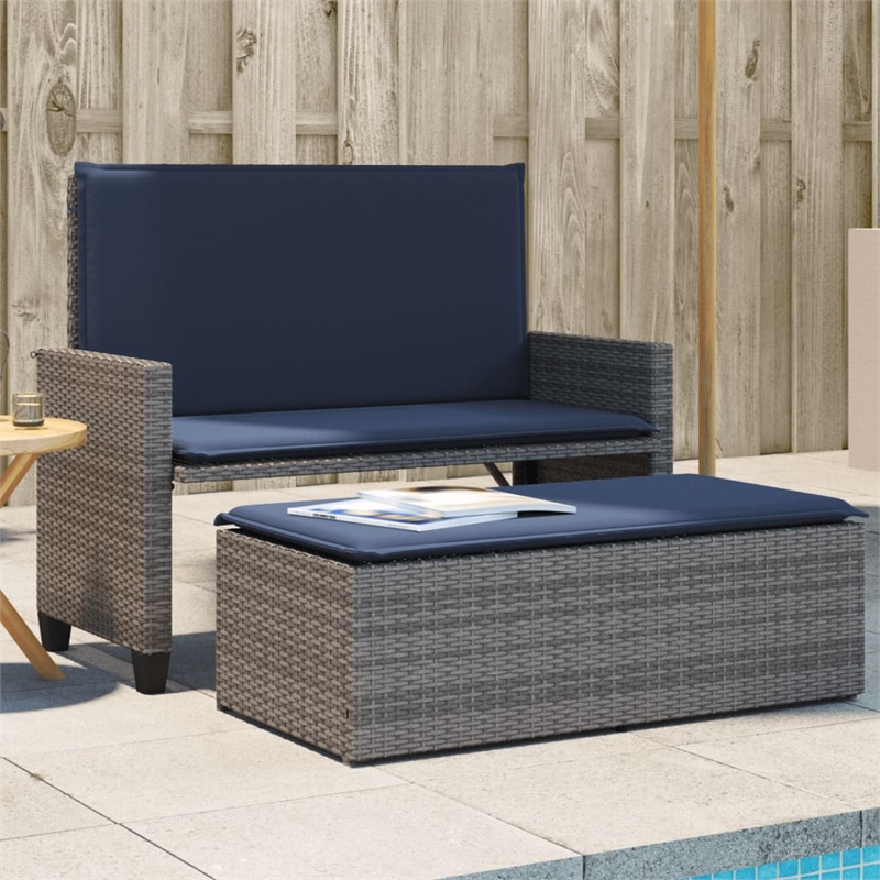 vidaXL Patio Bench with Cushions and Footstool Gray Poly Rattan
