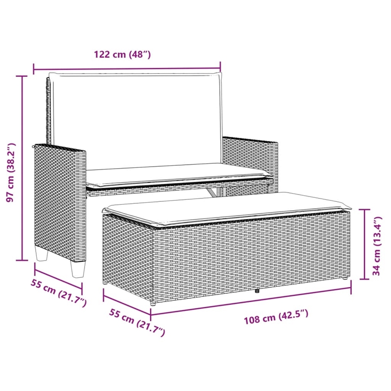 vidaXL Patio Bench with Cushions and Footstool Gray Poly Rattan
