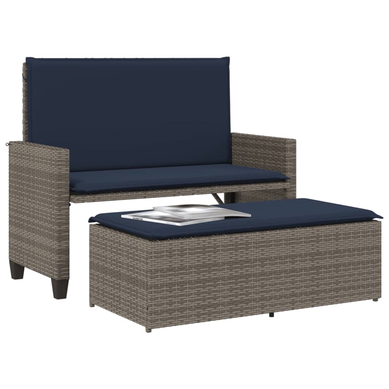vidaXL Patio Bench with Cushions and Footstool Gray Poly Rattan
