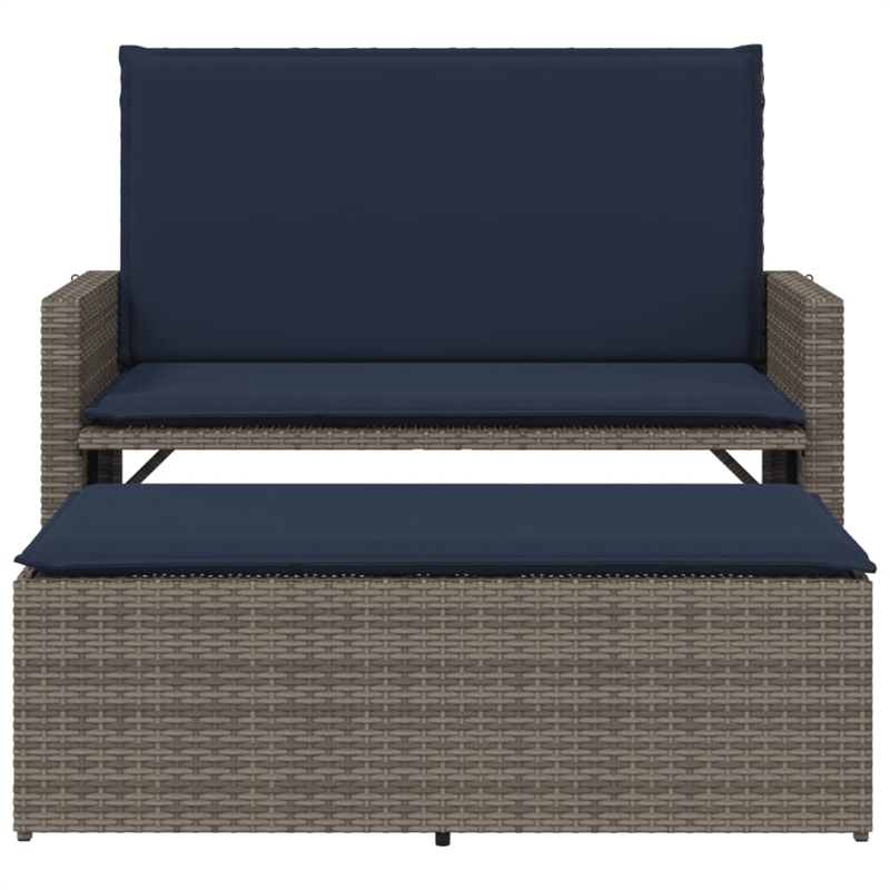 vidaXL Patio Bench with Cushions and Footstool Gray Poly Rattan