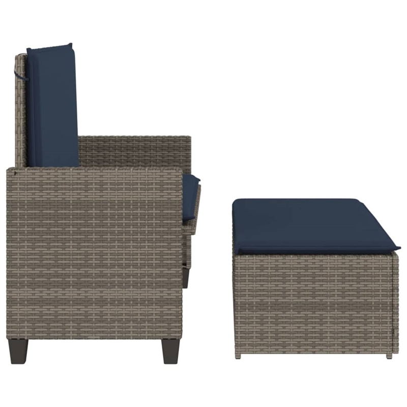 vidaXL Patio Bench with Cushions and Footstool Gray Poly Rattan
