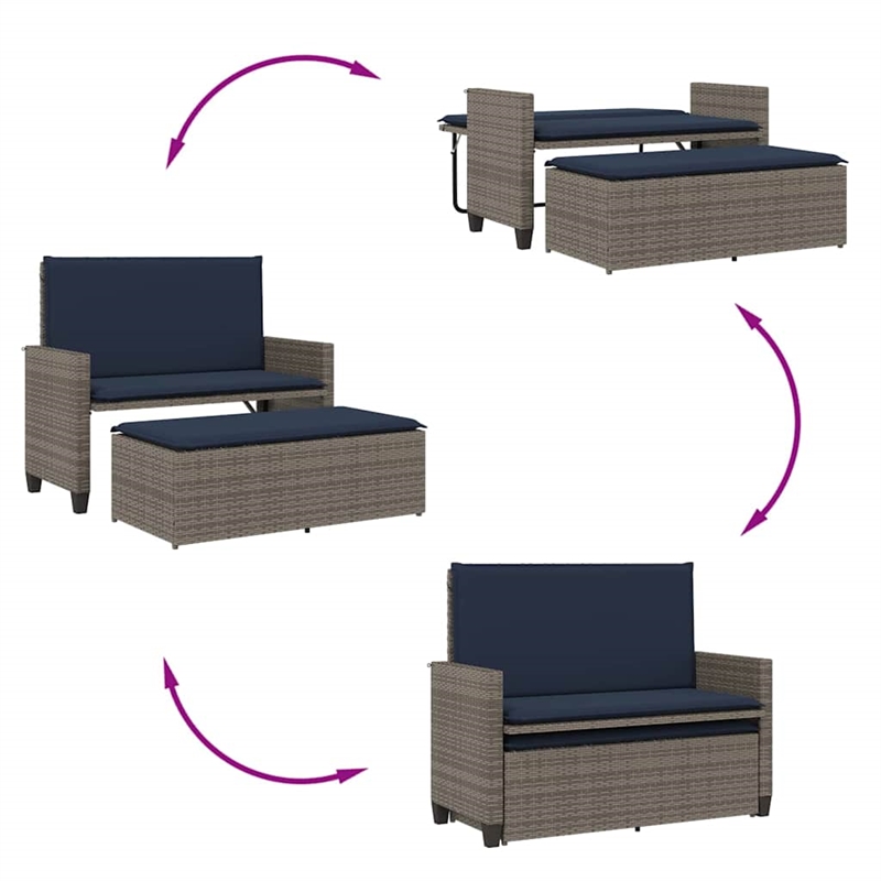 vidaXL Patio Bench with Cushions and Footstool Gray Poly Rattan