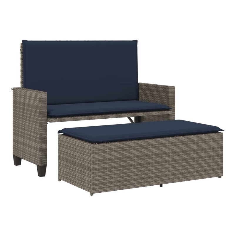 vidaXL Patio Bench with Cushions and Footstool Gray Poly Rattan