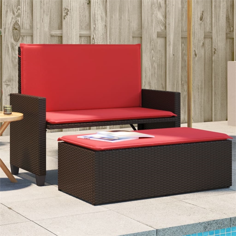 vidaXL Patio Bench with Cushions and Footstool Brown Poly Rattan
