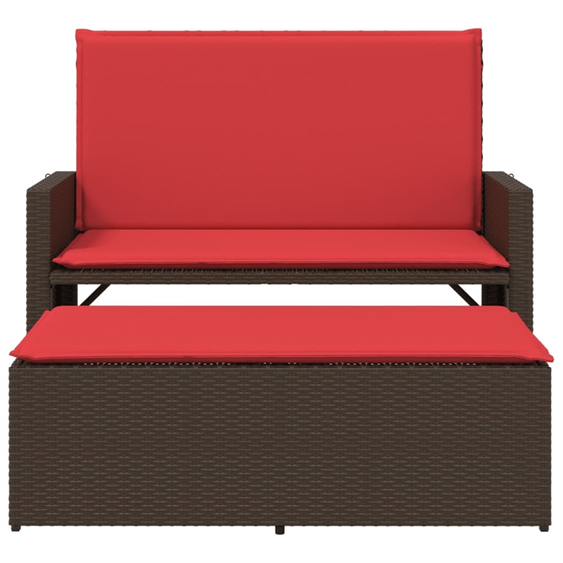 vidaXL Patio Bench with Cushions and Footstool Brown Poly Rattan