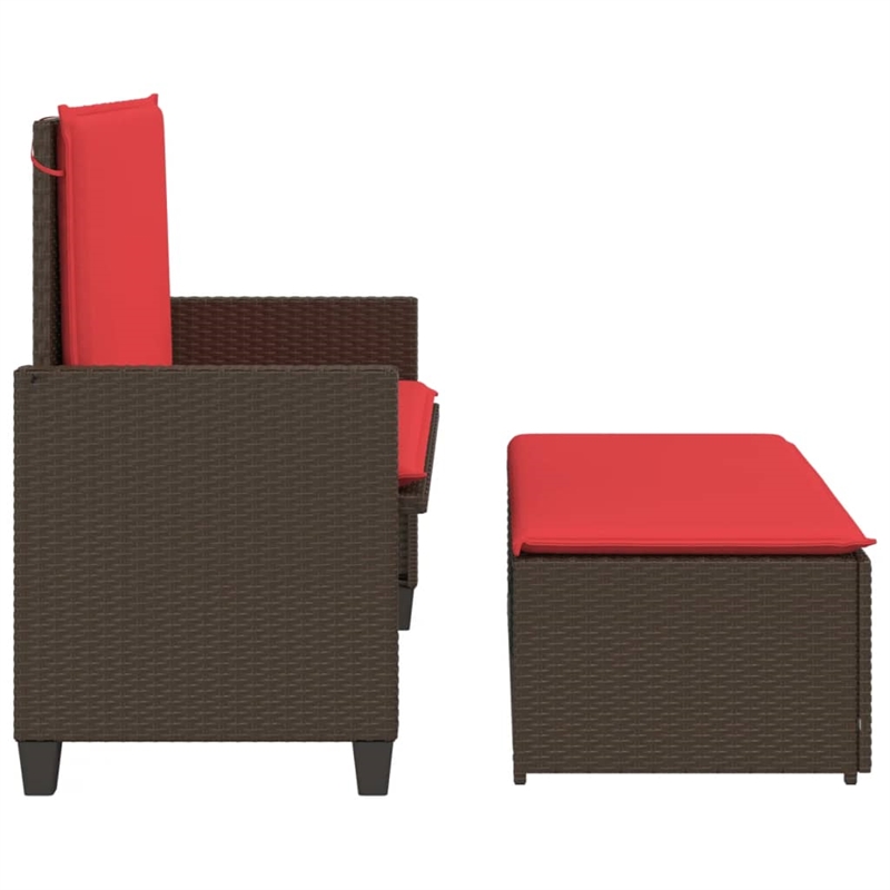 vidaXL Patio Bench with Cushions and Footstool Brown Poly Rattan