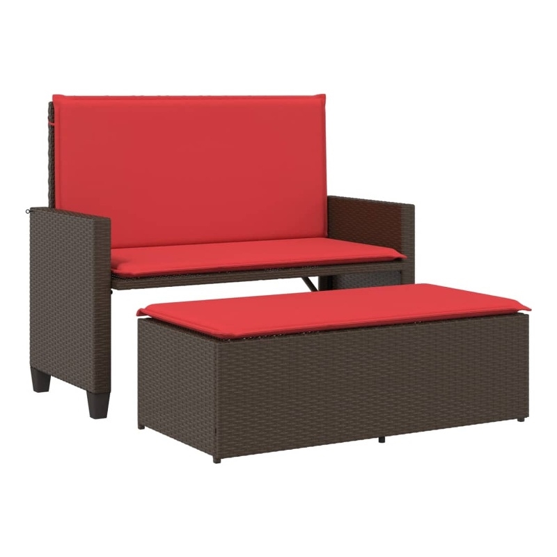 vidaXL Patio Bench with Cushions and Footstool Brown Poly Rattan