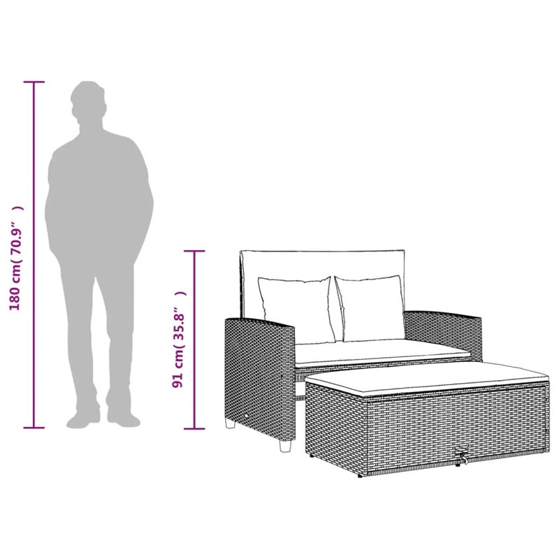 vidaXL Reclining Patio Bench with Cushions Brown Poly Rattan