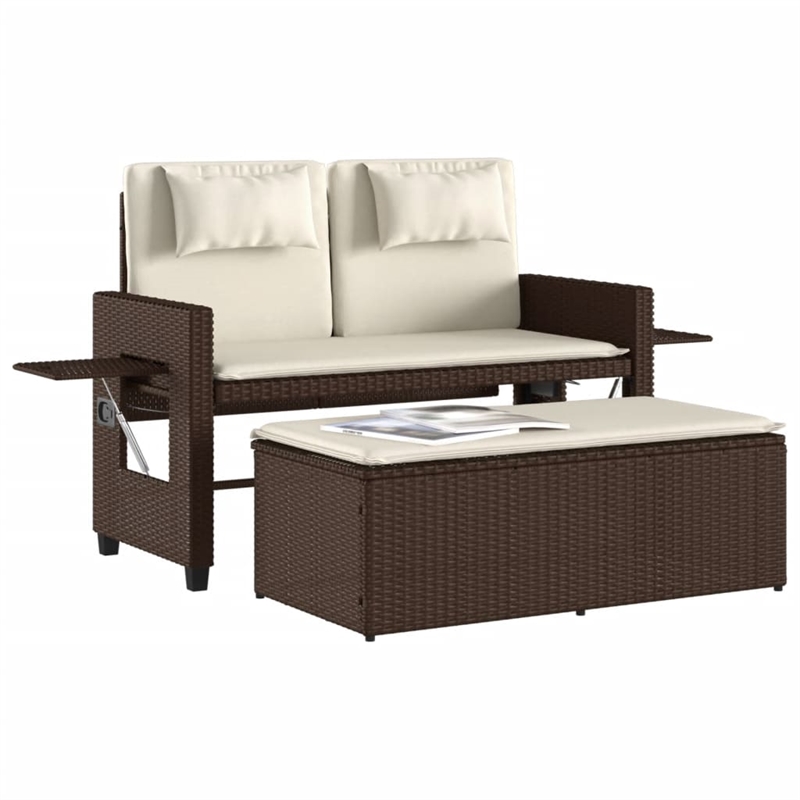 vidaXL Reclining Patio Bench with Cushions Brown Poly Rattan