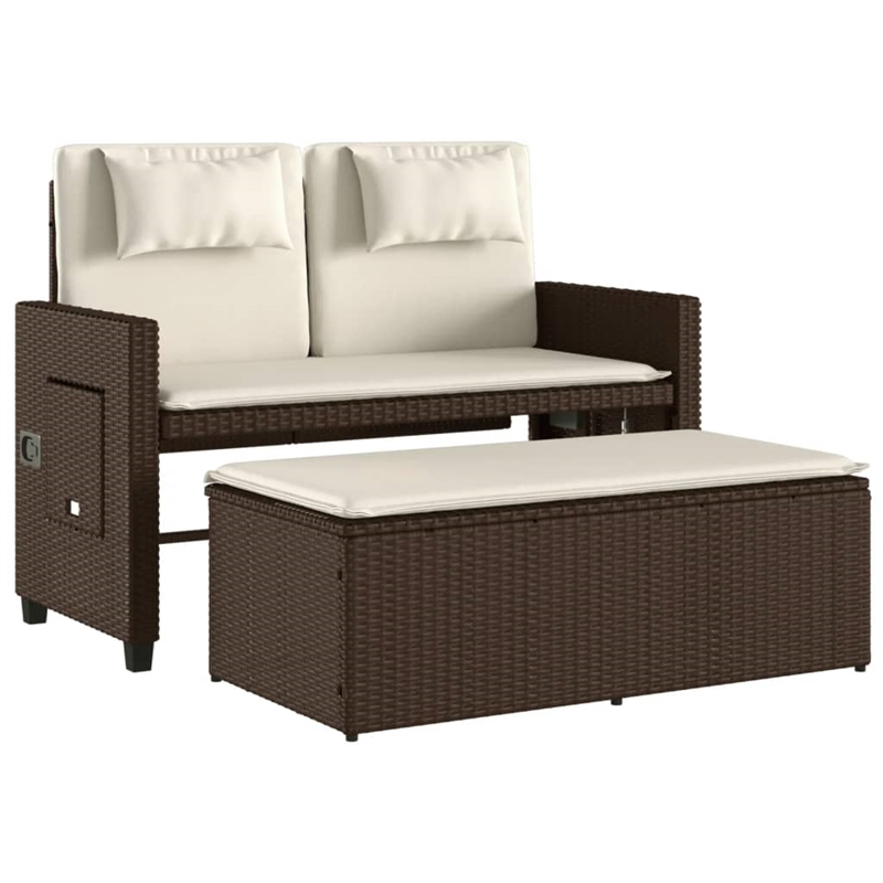 vidaXL Reclining Patio Bench with Cushions Brown Poly Rattan