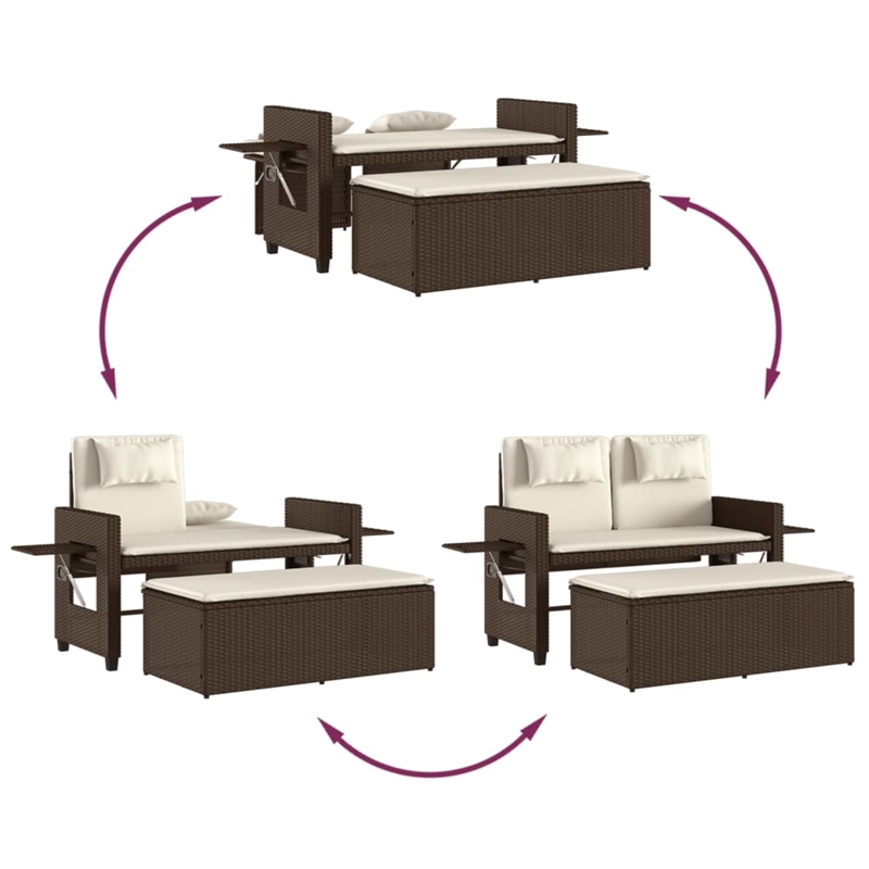 vidaXL Reclining Patio Bench with Cushions Brown Poly Rattan