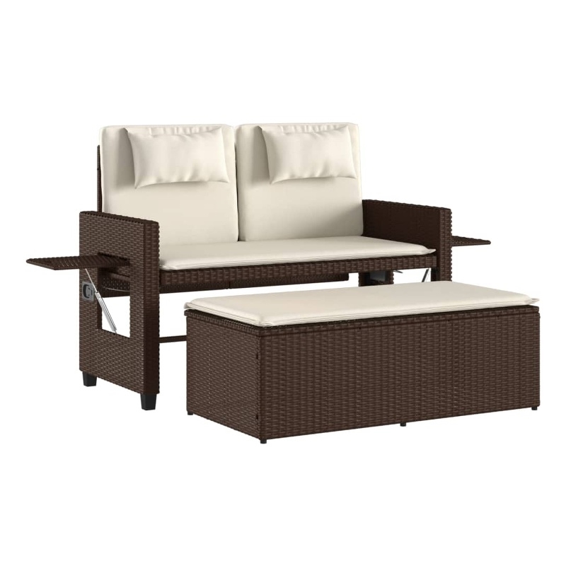 vidaXL Reclining Patio Bench with Cushions Brown Poly Rattan