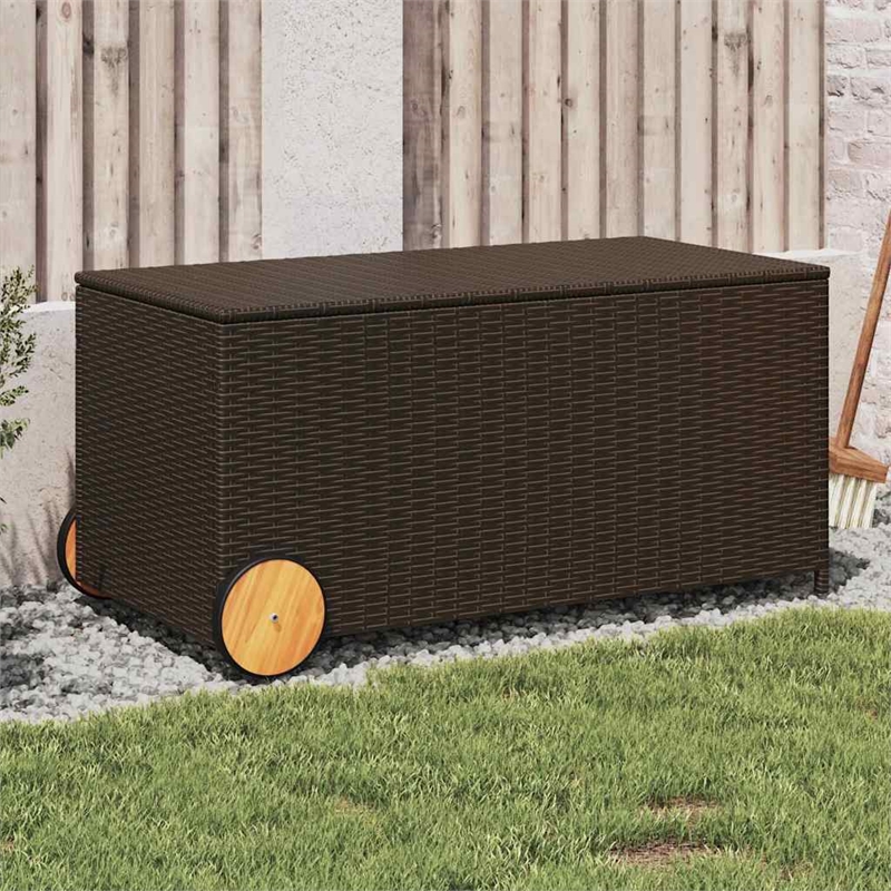 vidaXL Garden Storage Box with Wheels Brown 50.2 Gal Poly Rattan