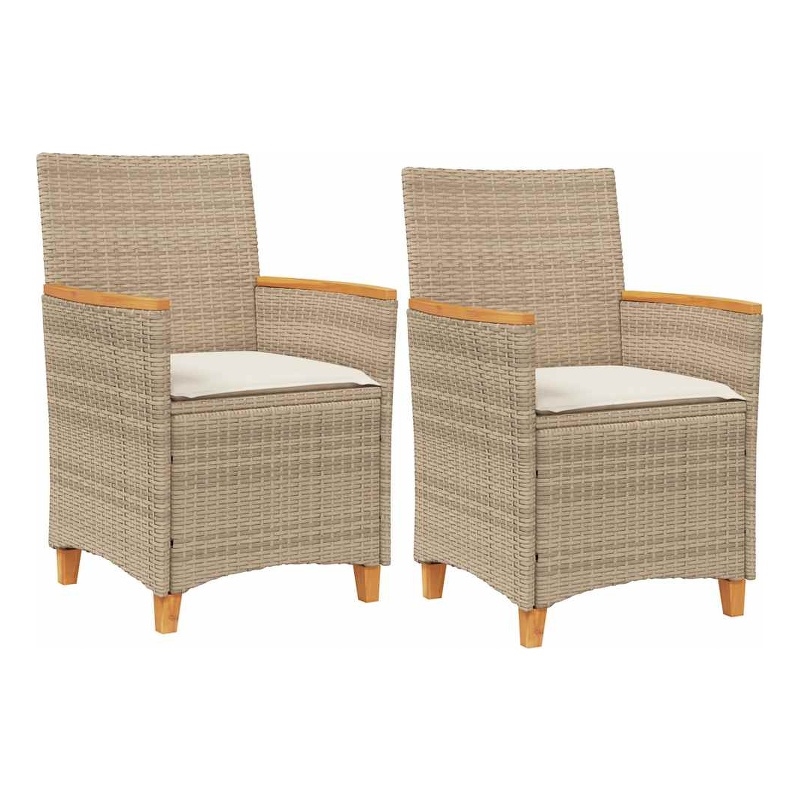 vidaXL Patio Chairs with Cushions 2 pcs Beige Poly Rattan&Solid Wood
