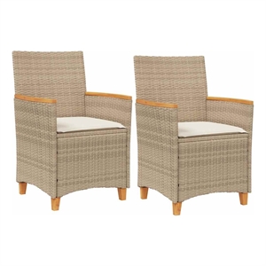 vidaXL Patio Chairs with Cushions 2 pcs Beige Poly Rattan&Solid Wood