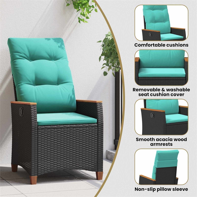 vidaXL Reclining Garden Chair Black and Turquoise Poly Rattan