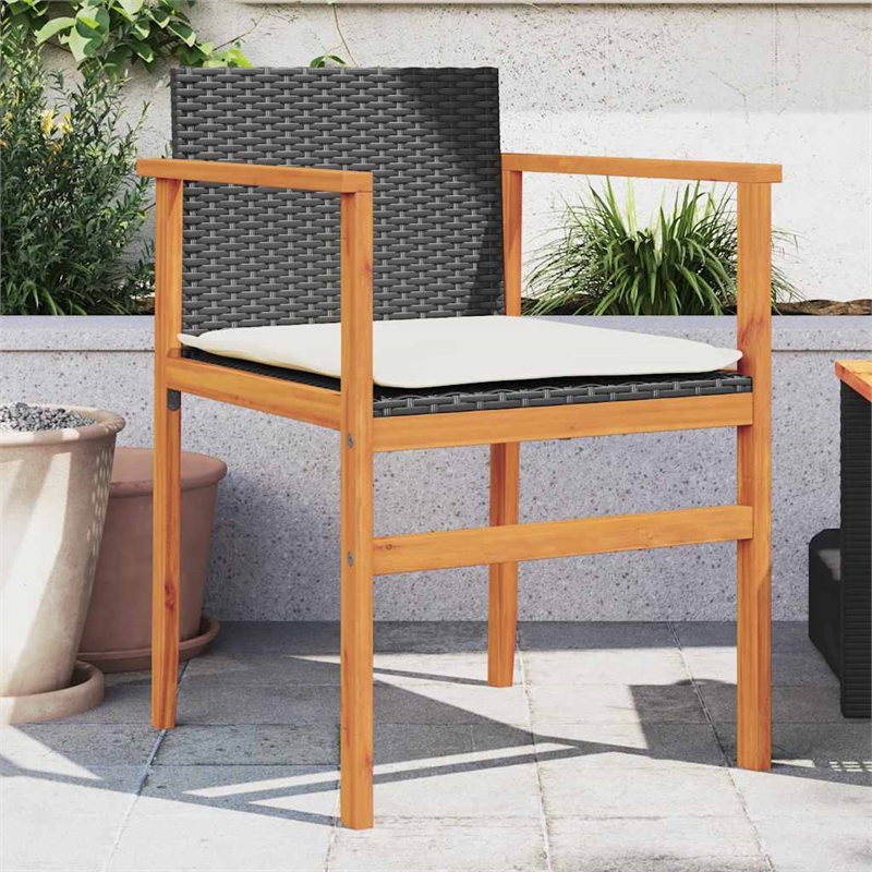 vidaXL Patio Chairs with Cushions 2 pcs Black Poly Rattan&Solid Wood