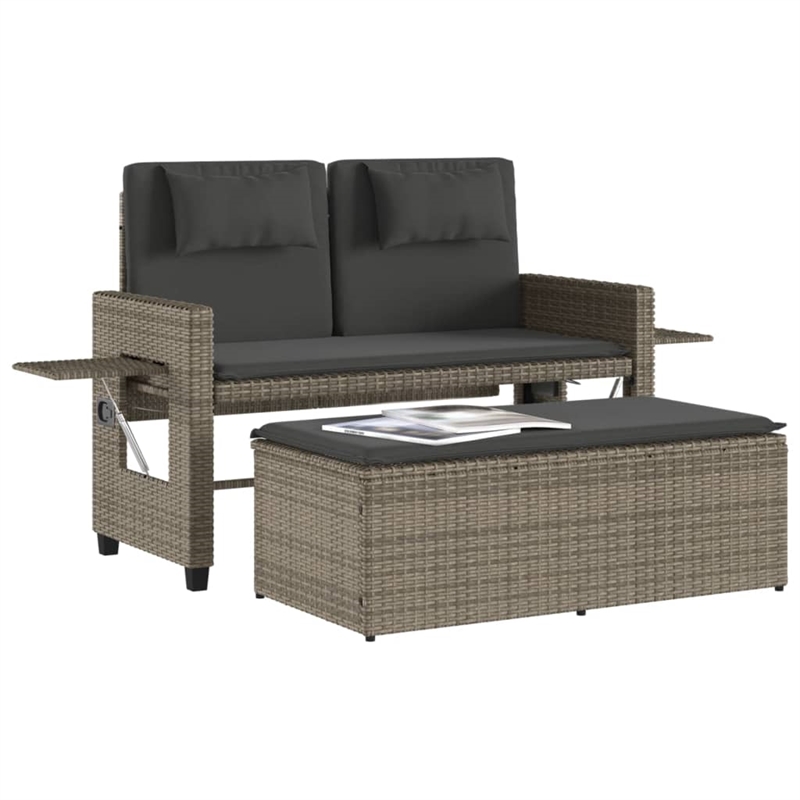 vidaXL Reclining Patio Bench with Cushions Gray Poly Rattan