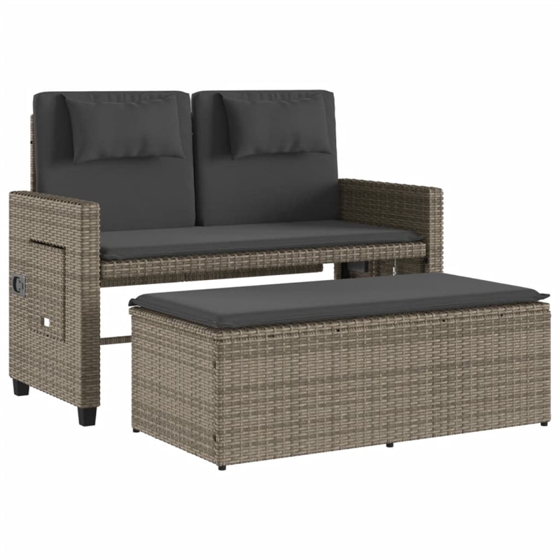 vidaXL Reclining Patio Bench with Cushions Gray Poly Rattan