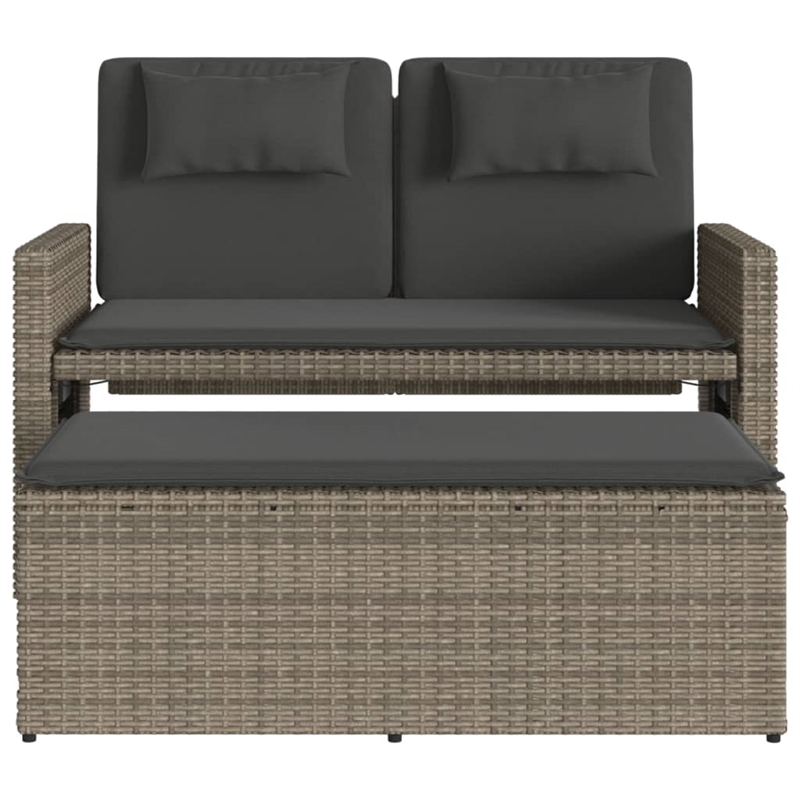 vidaXL Reclining Patio Bench with Cushions Gray Poly Rattan