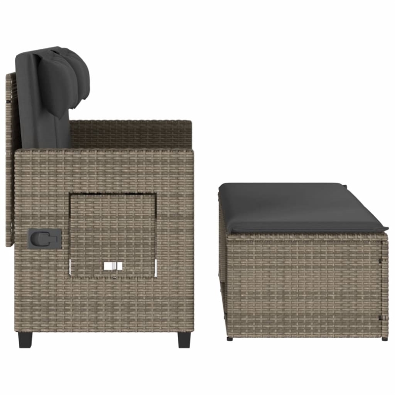 vidaXL Reclining Patio Bench with Cushions Gray Poly Rattan