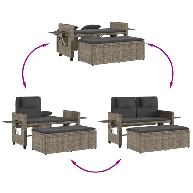 vidaXL Reclining Patio Bench with Cushions Gray Poly Rattan