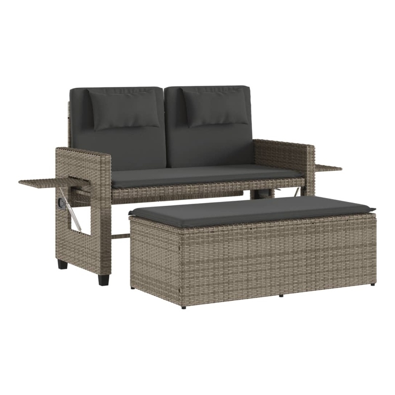vidaXL Reclining Patio Bench with Cushions Gray Poly Rattan