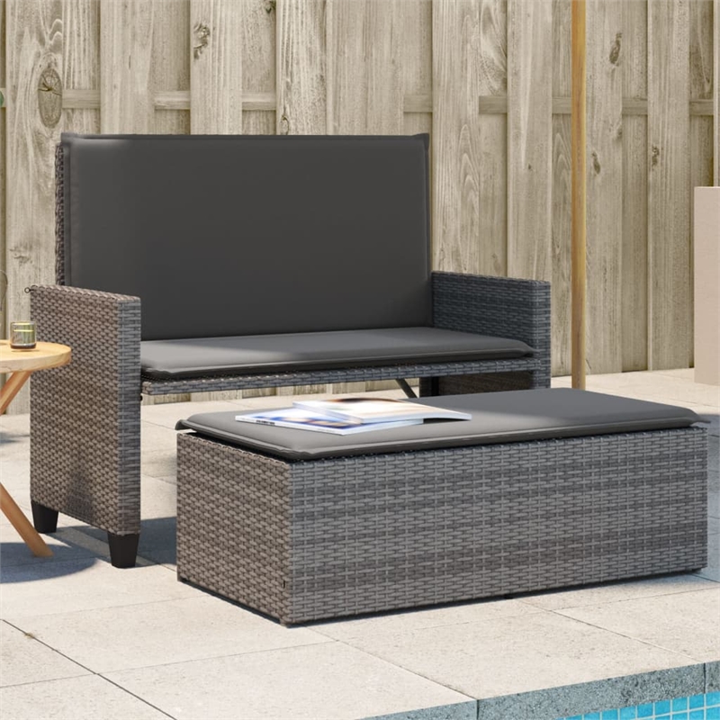 vidaXL Patio Bench with Cushions and Footstool Gray Poly Rattan