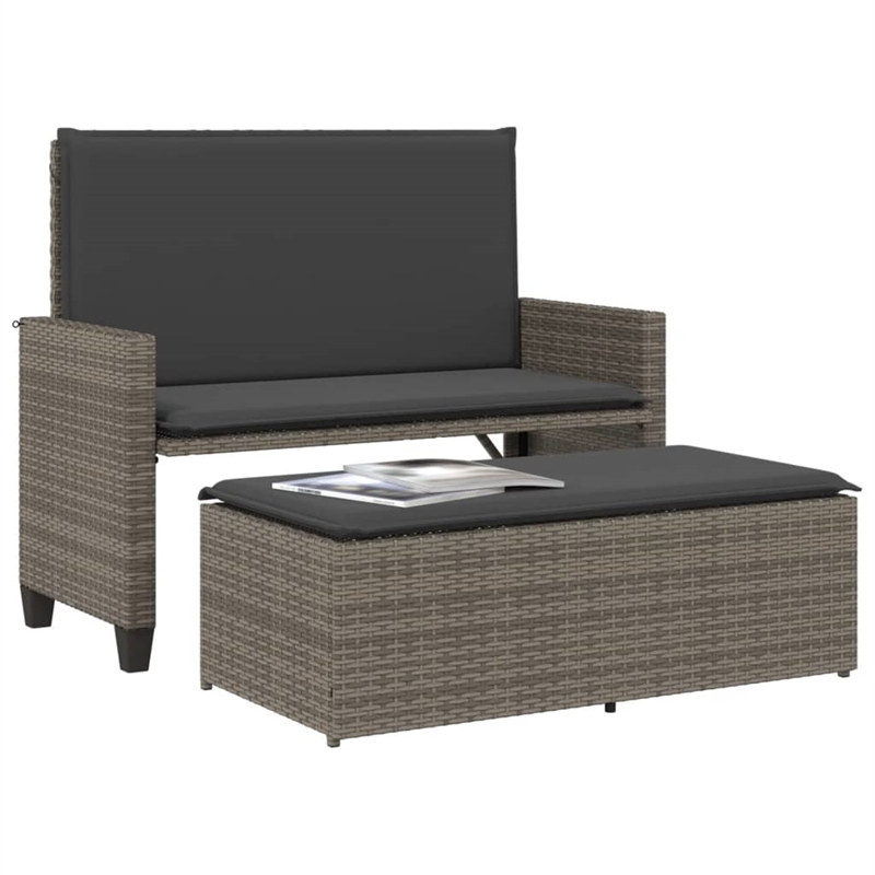 vidaXL Patio Bench with Cushions and Footstool Gray Poly Rattan