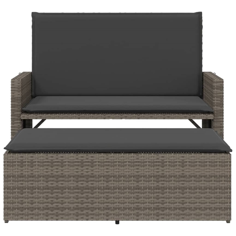 vidaXL Patio Bench with Cushions and Footstool Gray Poly Rattan