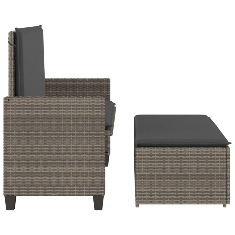 vidaXL Patio Bench with Cushions and Footstool Gray Poly Rattan