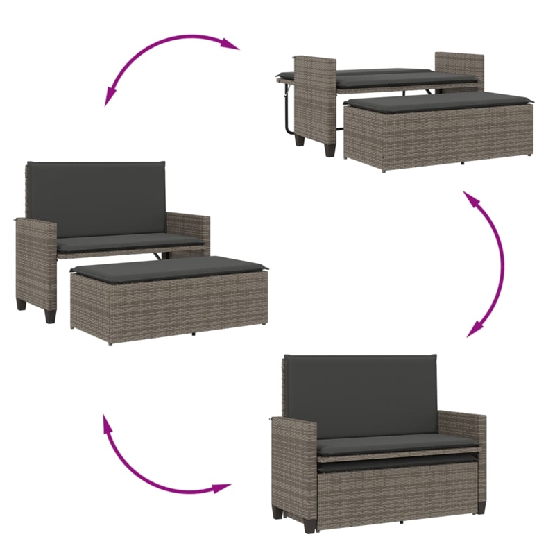 vidaXL Patio Bench with Cushions and Footstool Gray Poly Rattan