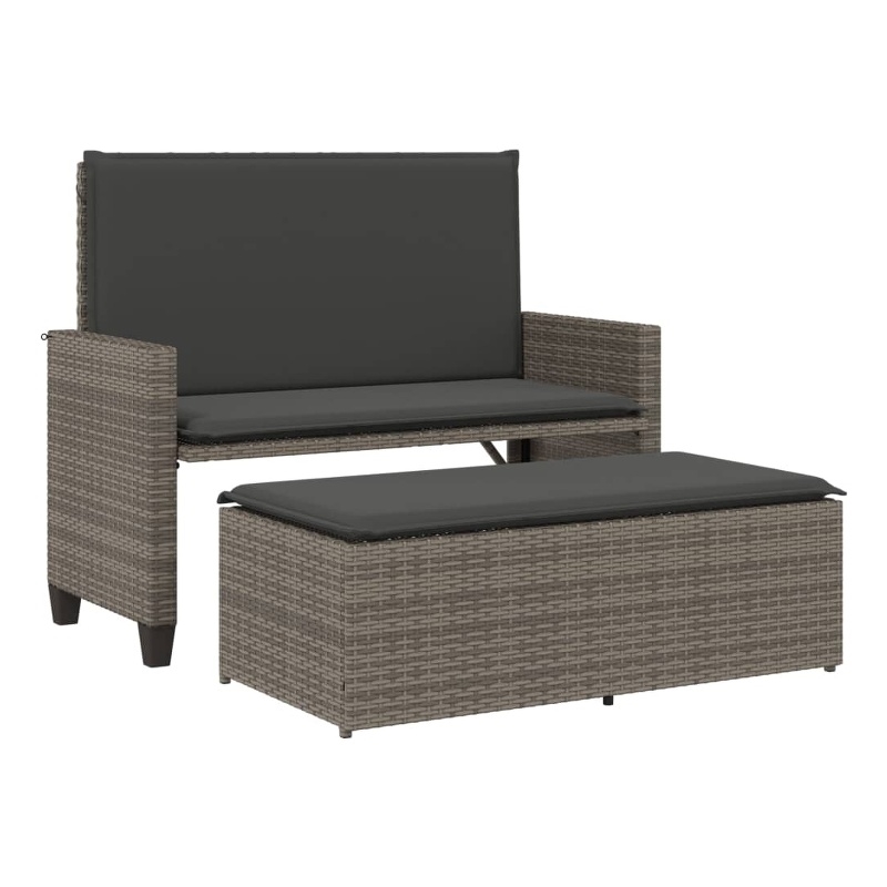vidaXL Patio Bench with Cushions and Footstool Gray Poly Rattan