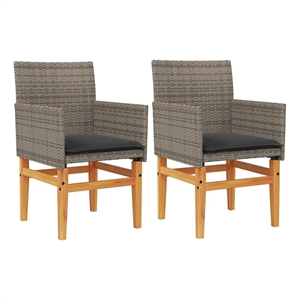 vidaXL Patio Chairs with Cushions 2 pcs Gray Poly Rattan&Solid Wood