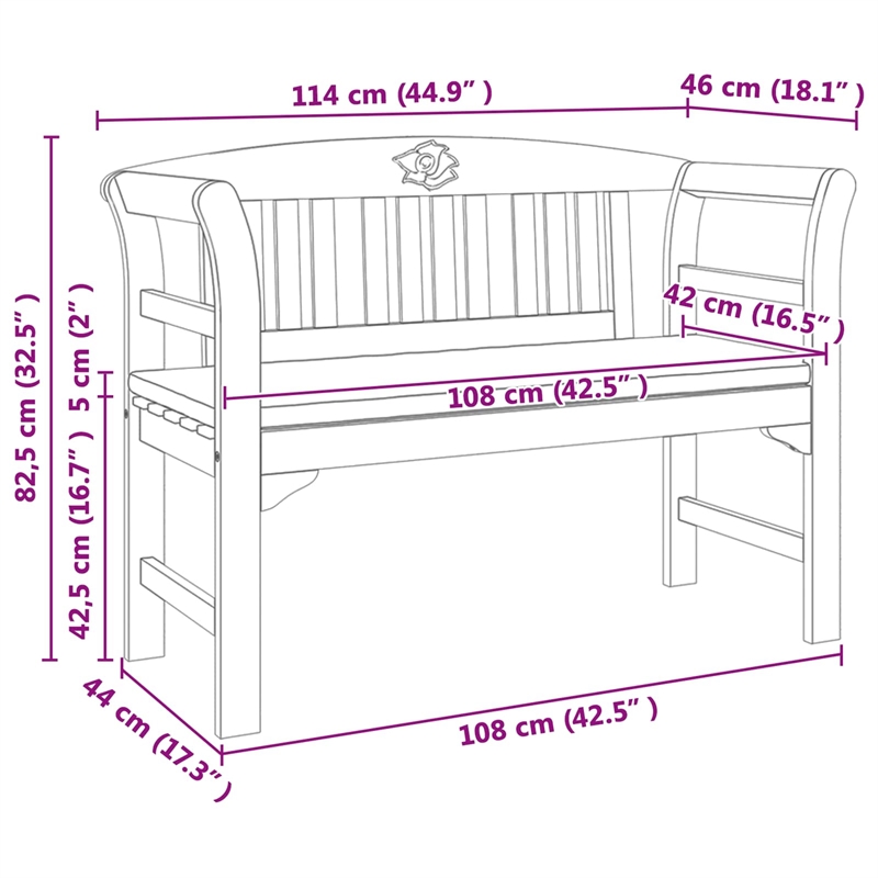 vidaXL Rose Bench Natural 44.88 x 18.11 x 32.48 in Solid Acacia Wood
