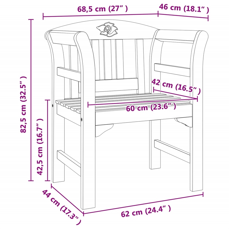 vidaXL Rose Bench Natural 26.97 x 18.11 x 32.48 in Solid Acacia Wood