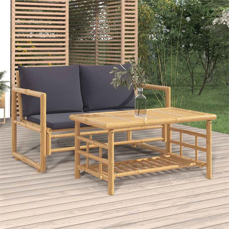vidaXL 2 Piece Patio Lounge Set with Dark Gray Cushions Bamboo