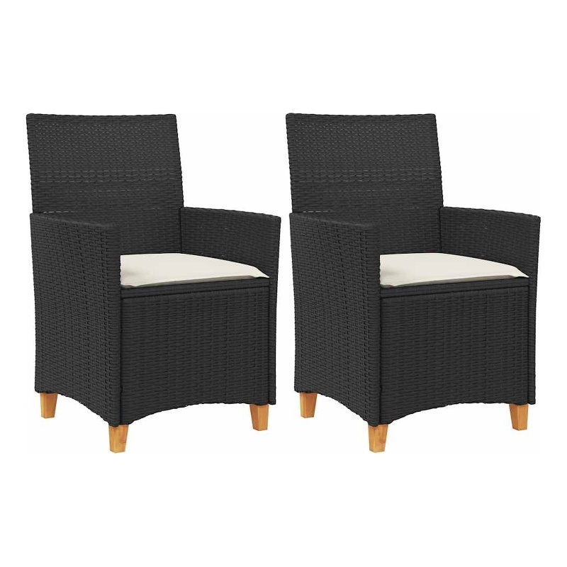 vidaXL Patio Chairs with Cushions 2 pcs Black Poly Rattan&Solid Wood