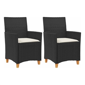 vidaXL Patio Chairs with Cushions 2 pcs Black Poly Rattan&Solid Wood