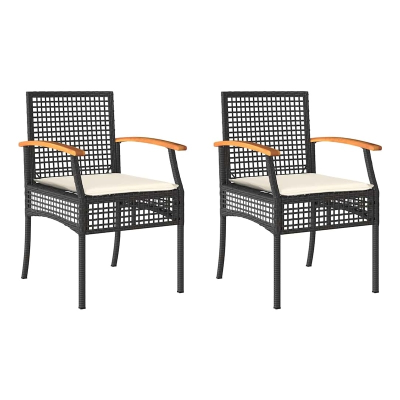 vidaXL Patio Chairs with Cushions 2 pcs Black Poly Rattan Acacia Wood