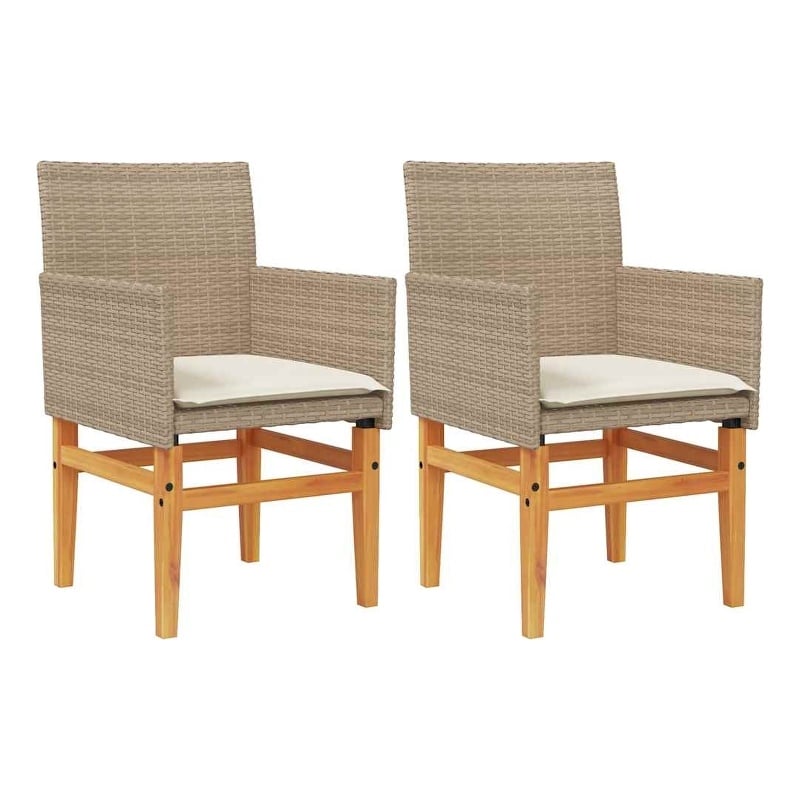 vidaXL Patio Chairs with Cushions 2 pcs Beige Poly Rattan&Solid Wood