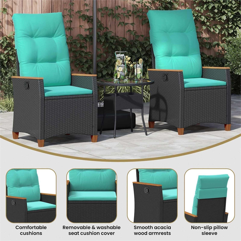 vidaXL Reclining Garden Chair Black and Turquoise Poly Rattan
