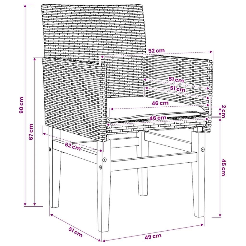 vidaXL Patio Chairs with Cushions 2 pcs Black Poly Rattan&Solid Wood