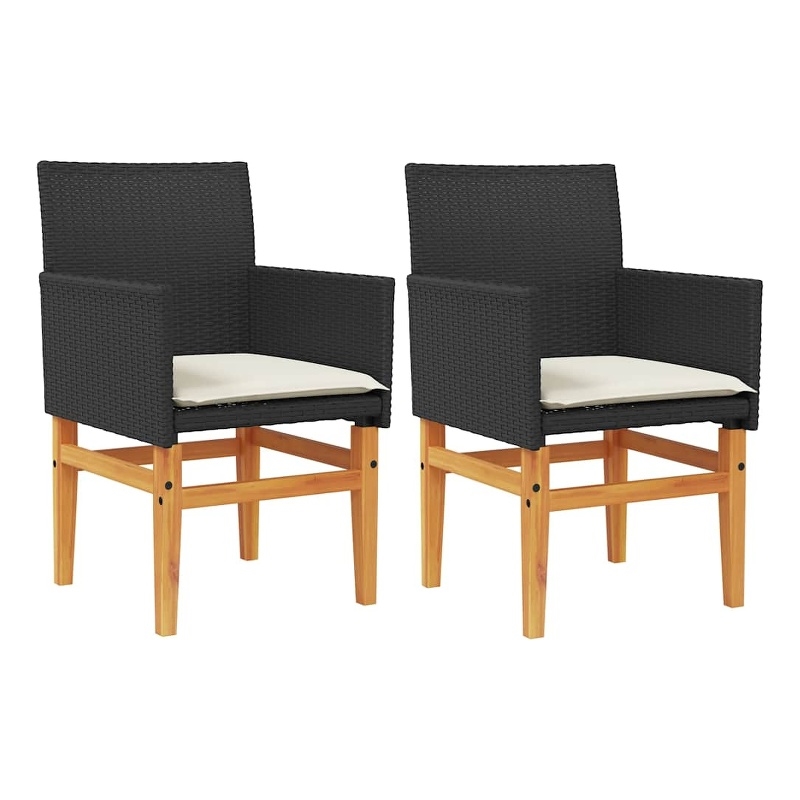 vidaXL Patio Chairs with Cushions 2 pcs Black Poly Rattan&Solid Wood